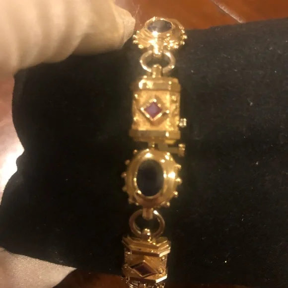 🌷Etruscan Revival Statement Bracelet Multi Colored Gemstones 14K Gold - Picture 7 of 16